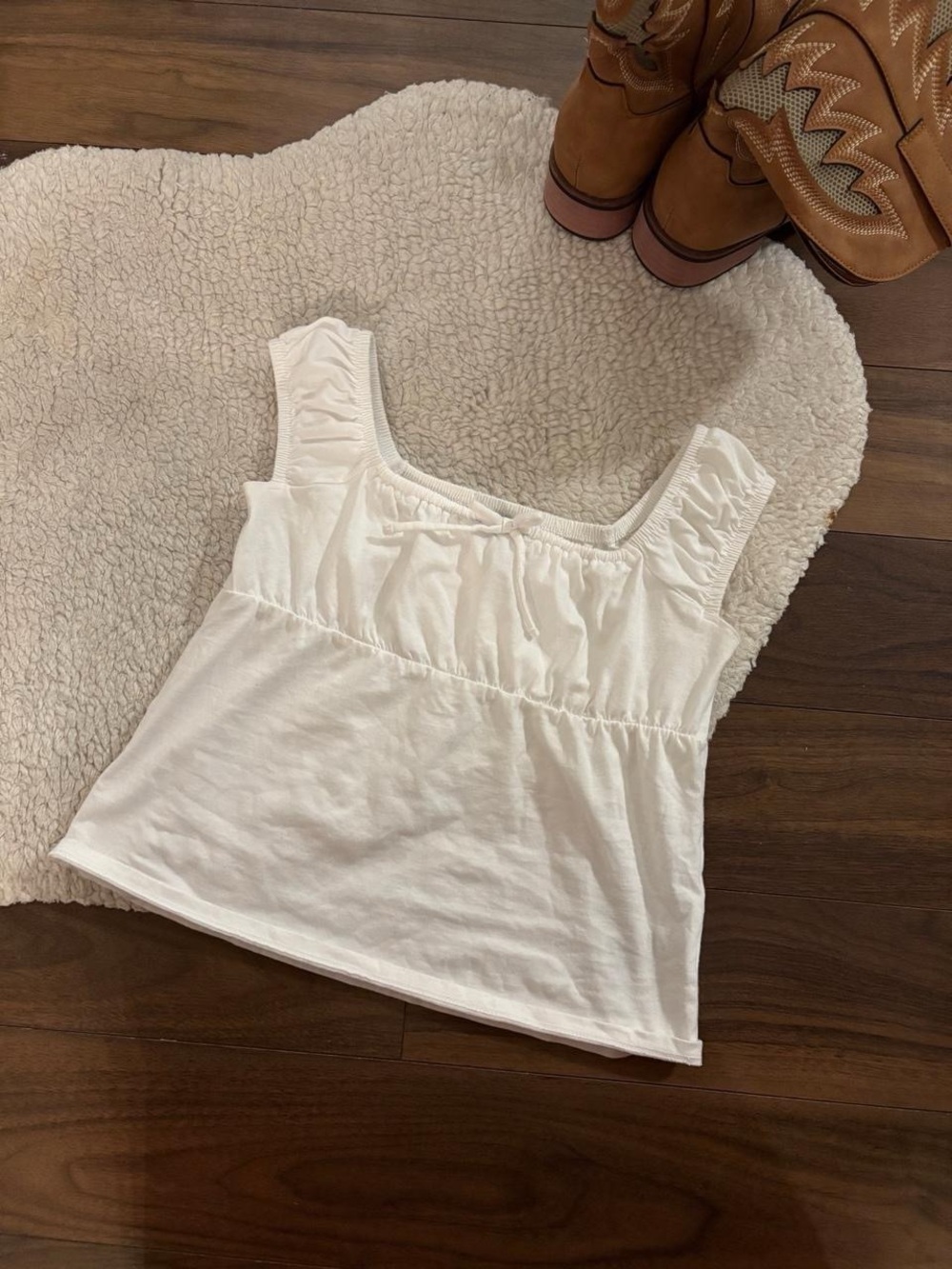 🌙GAP WHITE COTTON RUCHED SQUARED NECK TOP